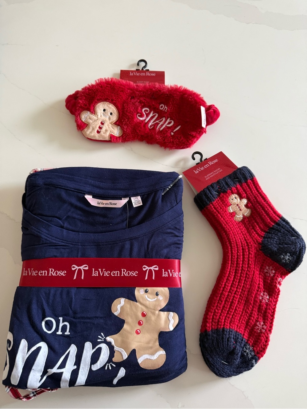 La Vie En Rose PJ set with Red Fuzzy Sleep Mask and socks